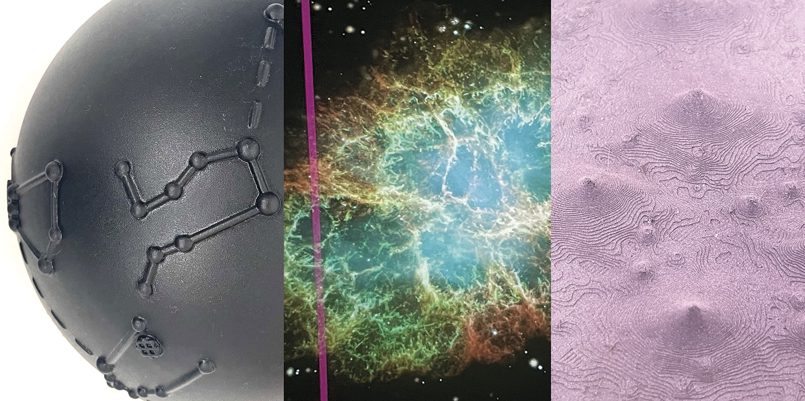 Three vertical panels: a black sphere with embossed constellation, a colorful nebula with vibrant swirls, and a textured purple surface resembling topography.