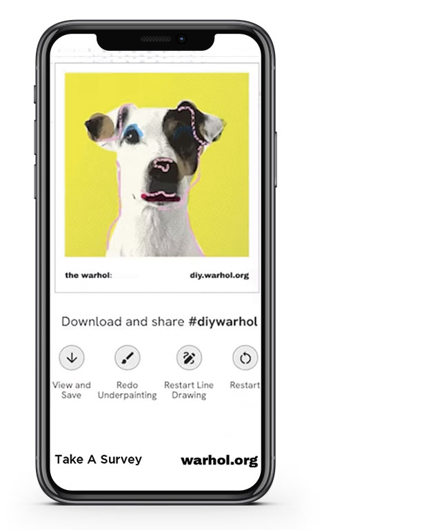 A smartphone displaying a colorful digital artwork of a dog against a bright yellow background, featuring interactive options below.