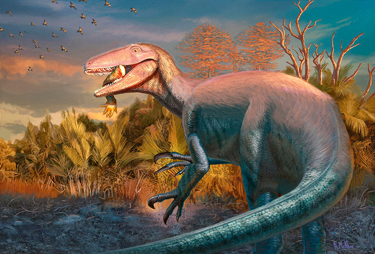 A colorful dinosaur, with a large mouth open, stands in a prehistoric landscape, clutching a prey amidst vibrant vegetation and flying birds.
