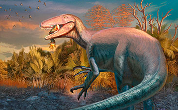 A colorful dinosaur, with a large mouth open, stands in a prehistoric landscape, clutching a prey amidst vibrant vegetation and flying birds.