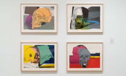 Four framed artworks of colorful skulls are displayed in two rows on a white wall. Each piece combines vibrant hues and abstract shapes.