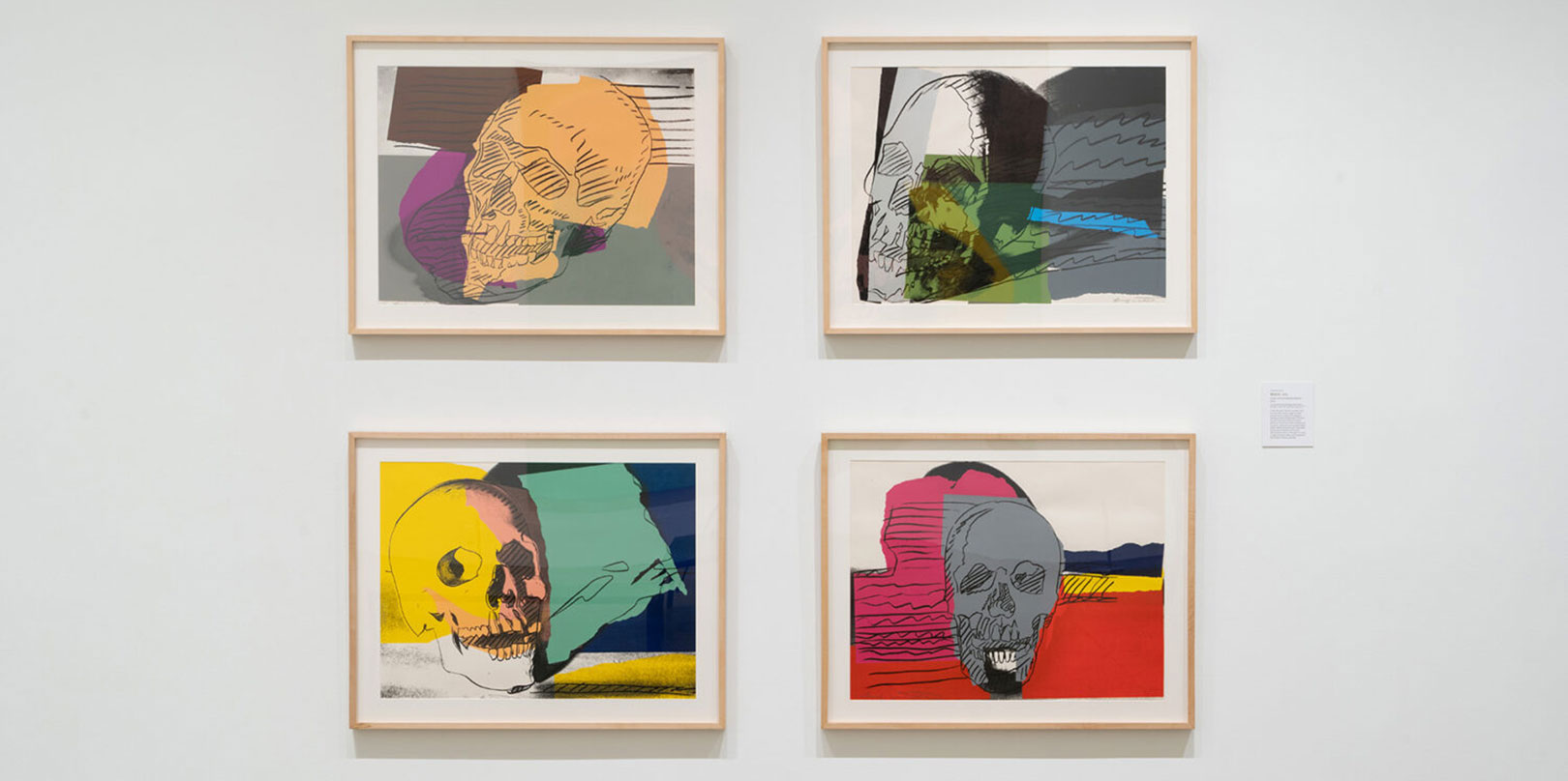 Four framed artworks of colorful skulls are displayed in two rows on a white wall. Each piece combines vibrant hues and abstract shapes.