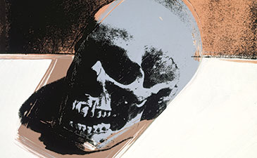 Abstract artwork of a skull in grayscale with black shadows, set against a contrasting tan and white background, conveying a somber, eerie tone.