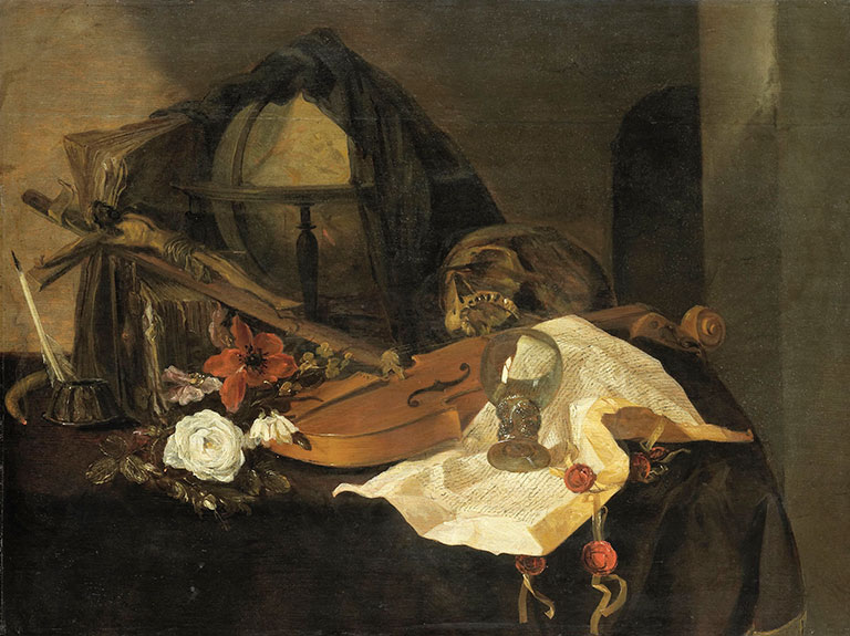 A still life painting with a violin, globe, and skull on a table. A candle, flowers, and an hourglass rest on an open book, suggesting contemplation and impermanence.